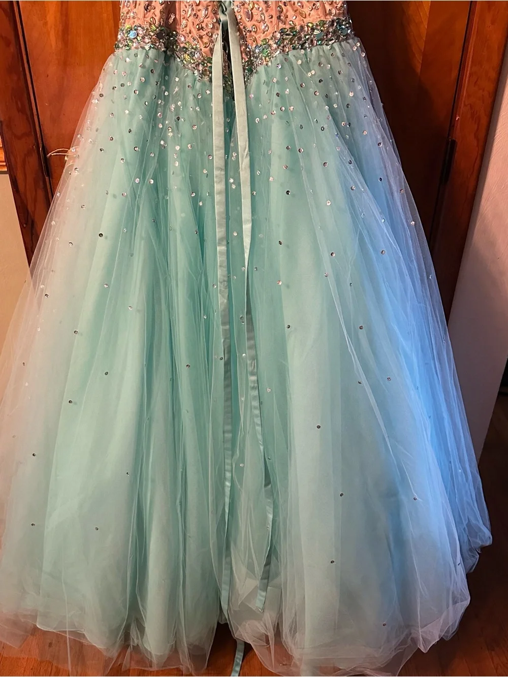 Mori Lee turquoise  Champagne Beaded corset Cinderella Tulle Ball Gown size 18